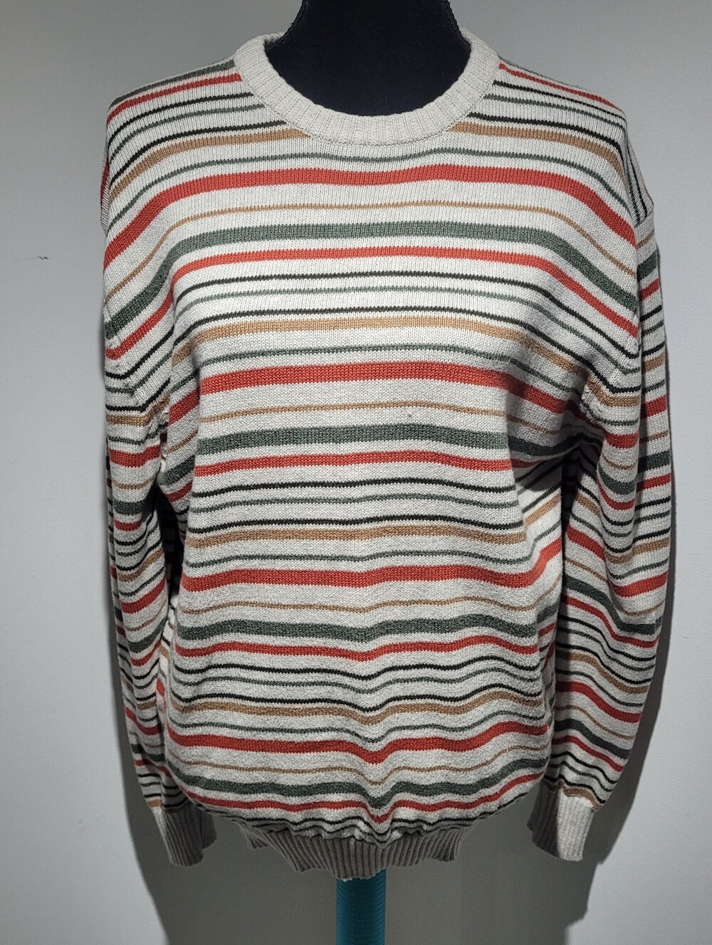Springfield 100% Cotton Striped Crewneck Sweater Large Cream Red Green Unisex